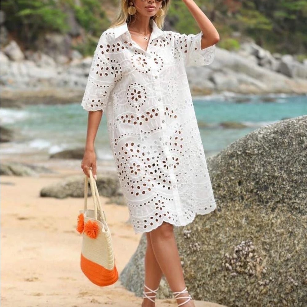 White Sheer Eyelet Embroidery Lace Button Down Shirt Dress - Picture 5 of 6